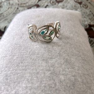 Turquoise, blue green bead accents in open etched silver .925 bangle